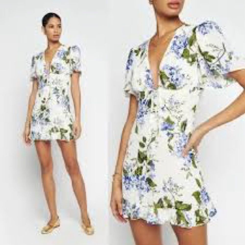 REFORMATION women’s Mya white & blue Floral Riviera v neck mini dress sz 0